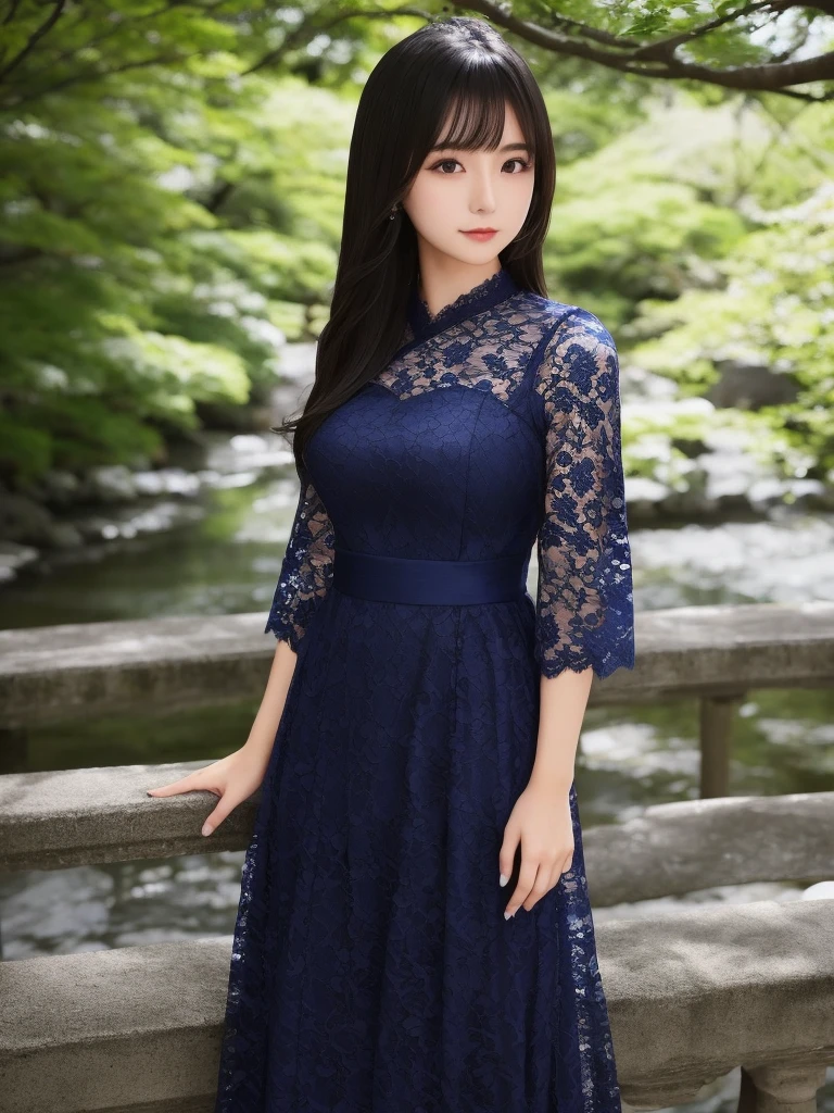 One 18-year-old Japanese woman、Japanese Idols、Navy blue lace long dress、Shiji's Bra、bare clavicle、Naked shoulders、Large, firm, beautiful breasts that don't sag、Deep cleavage、Close-up of a feminine face with soft wavy bangs and light brown hair。Long hair、In the flowing soft waves、Give a gentle and friendly impression。The background is a chic beauty salon、