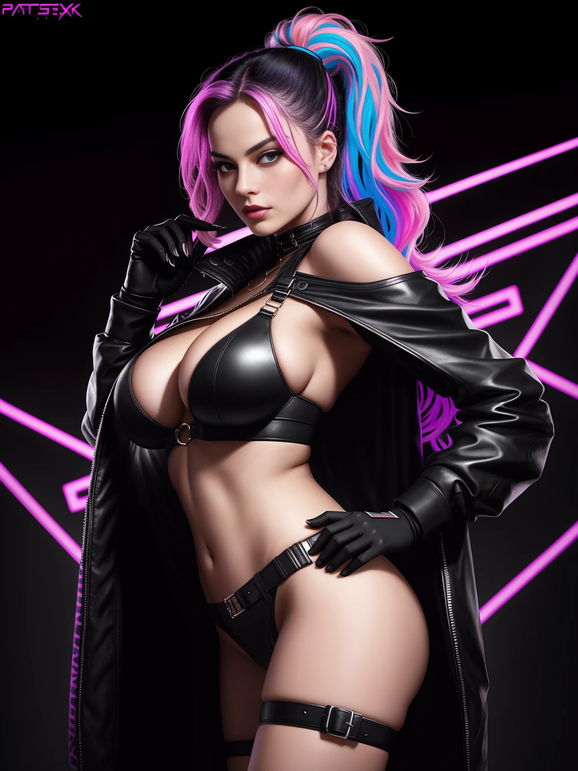 there is Margot Robbie, black neon streaked hair, hair in pony tail, 3 d neon art of a womans body, neon-noir background, cyberpunk femme fatale, seductive cyberpunk dark fantasy, cyberpunk strip clubs, cyberpunk 20 y. o model girl, oppai cyberpunk, banner, high definition cgsociety, cgsociety masterpiece, trending on cgstation, kda, random hair, nice ass, back to camera, gigantic breasts, cleavage, (high detailed skin:1.2), 8k uhd, dslr, super lighting, high quality, film grain, high res, highly detailed, hyper realistic, beautiful face, beautiful body, beautiful eyes nose lips, alluring expression, very bold, upper  visible, full body photo, standing legs apart, pale translucent glowing skin, most beautiful face, cute, (well defined pubic hair:1.2)), (dark plain black background:1.4))
