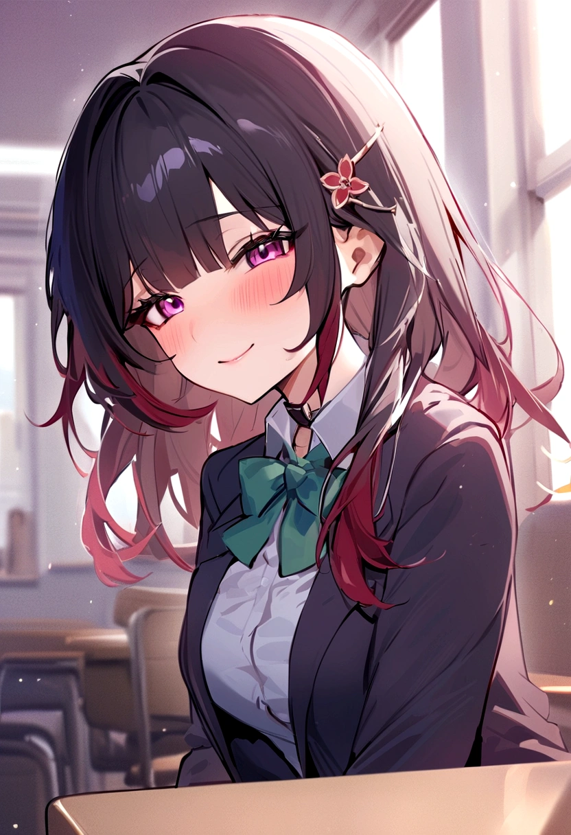 masterpiece, highest quality,blazer, arms_in_~ side, One Girl, Looking_in_audience, honkai_(series),shirt, head_ribbon, Open_Jacket, green_ribbon, Side Lock, upper_body, With collar_shirt, smile, hair_ornament, hair_intake, honkai:_star_rail, ribbon, Jacket, black_Jacket, Closed_mouth, blush, Open_Clothes, School_uniform, 一人in, hairclip,nsfw,White classroom,Grab your dick,