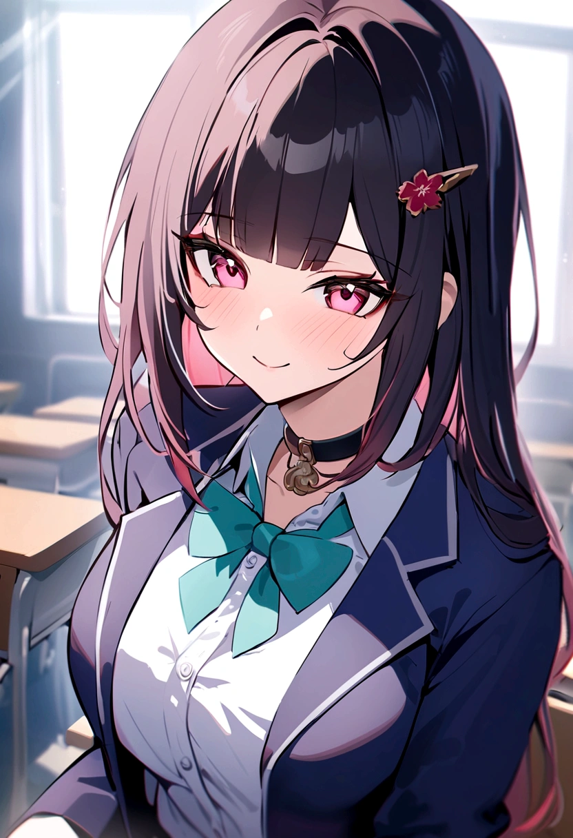 masterpiece, highest quality,blazer, arms_in_~ side, One Girl, Looking_in_audience, honkai_(series),shirt, head_ribbon, Open_Jacket, green_ribbon, Side Lock, upper_body, With collar_shirt, smile, hair_ornament, hair_intake, honkai:_star_rail, ribbon, Jacket, black_Jacket, Closed_mouth, blush, Open_Clothes, School_uniform, 一人in, hairclip,nsfw,White classroom,Grab your dick,