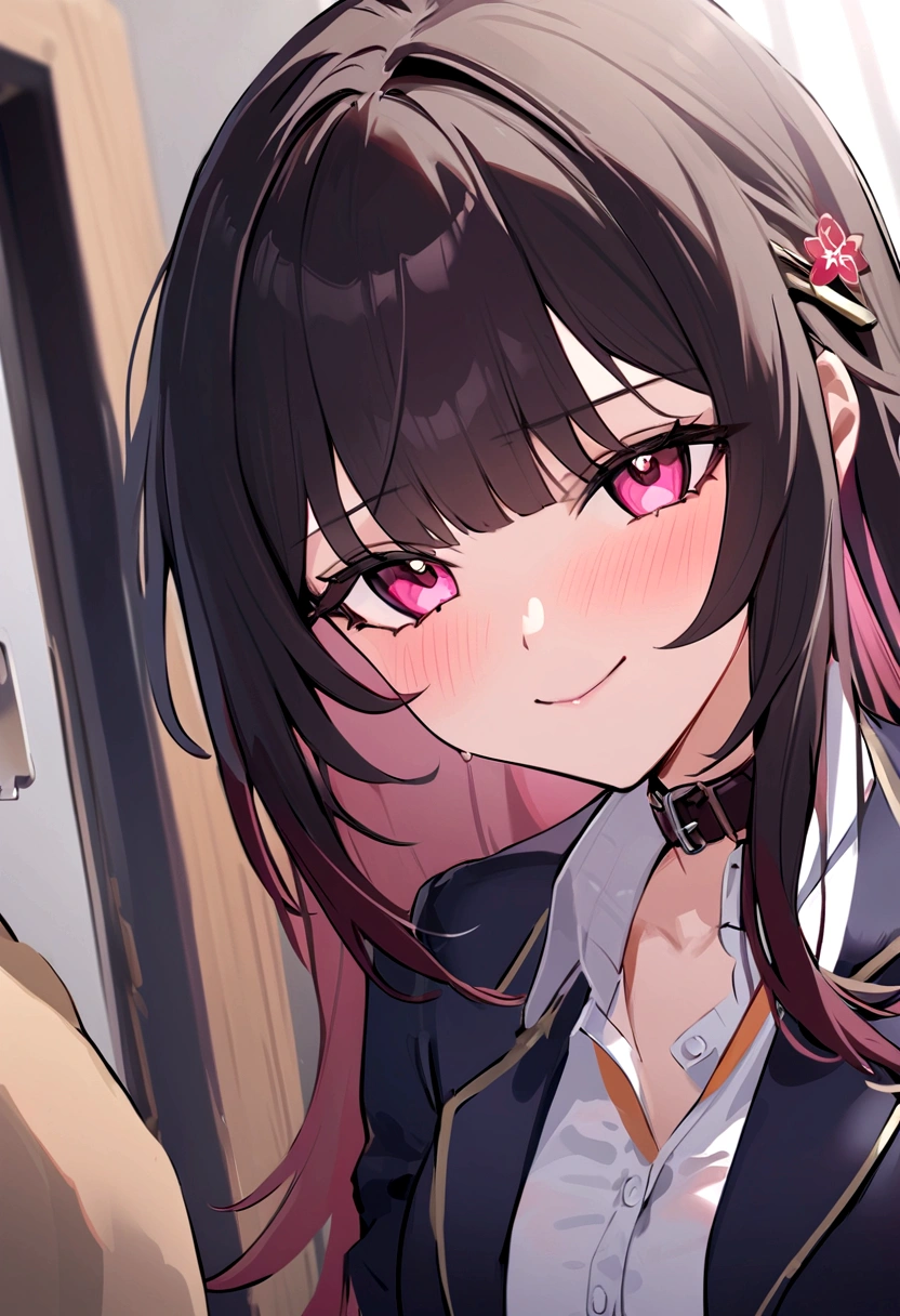 masterpiece, highest quality,blazer, arms_in_~ side, One Girl, Looking_in_audience, honkai_(series),shirt, head_ribbon, Open_Jacket, green_ribbon, Side Lock, upper_body, With collar_shirt, smile, hair_ornament, hair_intake, honkai:_star_rail, ribbon, Jacket, black_Jacket, Closed_mouth, blush, Open_Clothes, School_uniform, 一人in, hairclip,nsfw,White classroom,catch penis,