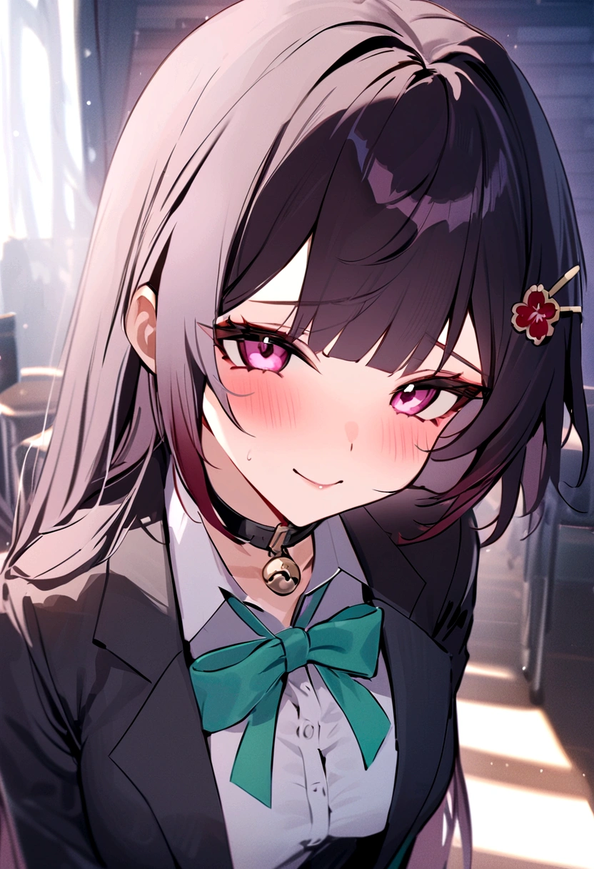 masterpiece, highest quality,blazer, arms_in_~ side, One Girl, Looking_in_audience, honkai_(series),shirt, head_ribbon, Open_Jacket, green_ribbon, Side Lock, upper_body, With collar_shirt, smile, hair_ornament, hair_intake, honkai:_star_rail, ribbon, Jacket, black_Jacket, Closed_mouth, blush, Open_Clothes, School_uniform, 一人in, hairclip,nsfw,White classroom,Grab your dick,