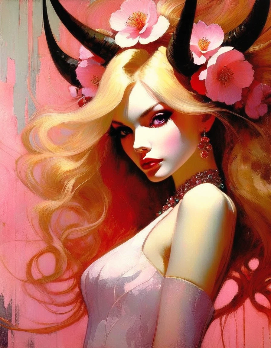 1girl, solo, alone, pink eyes, long hair, blonde hair, pink dress, flower, camellia, jewelry, nail polish, ring, hair ornament, flower ornaments, pink nails, White hell, masterpiece, best quality, white hell, red horns, sakura pedals in hair,(art inspired by Bill Sienkiewicz). oil painting, details of brush strokes that enhance depth)