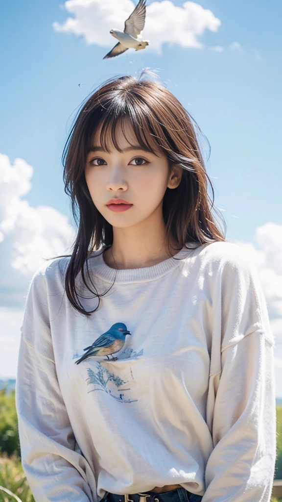 (best quality,4K,8K,high resolution,masterpiece:1.2), The girl in the clouds has hair as fluffy as a cloud.,bird overhead，Soft sweater，starlet, Fantasy Illustration, color of dreams, children&#39;illustration style.bright colors