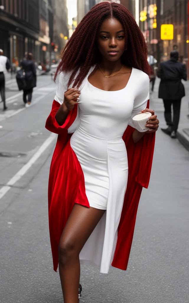 darkskin woman, straight hair, red hair,babyhair, extremely sexy body,white velvet dress , on the streets of New York