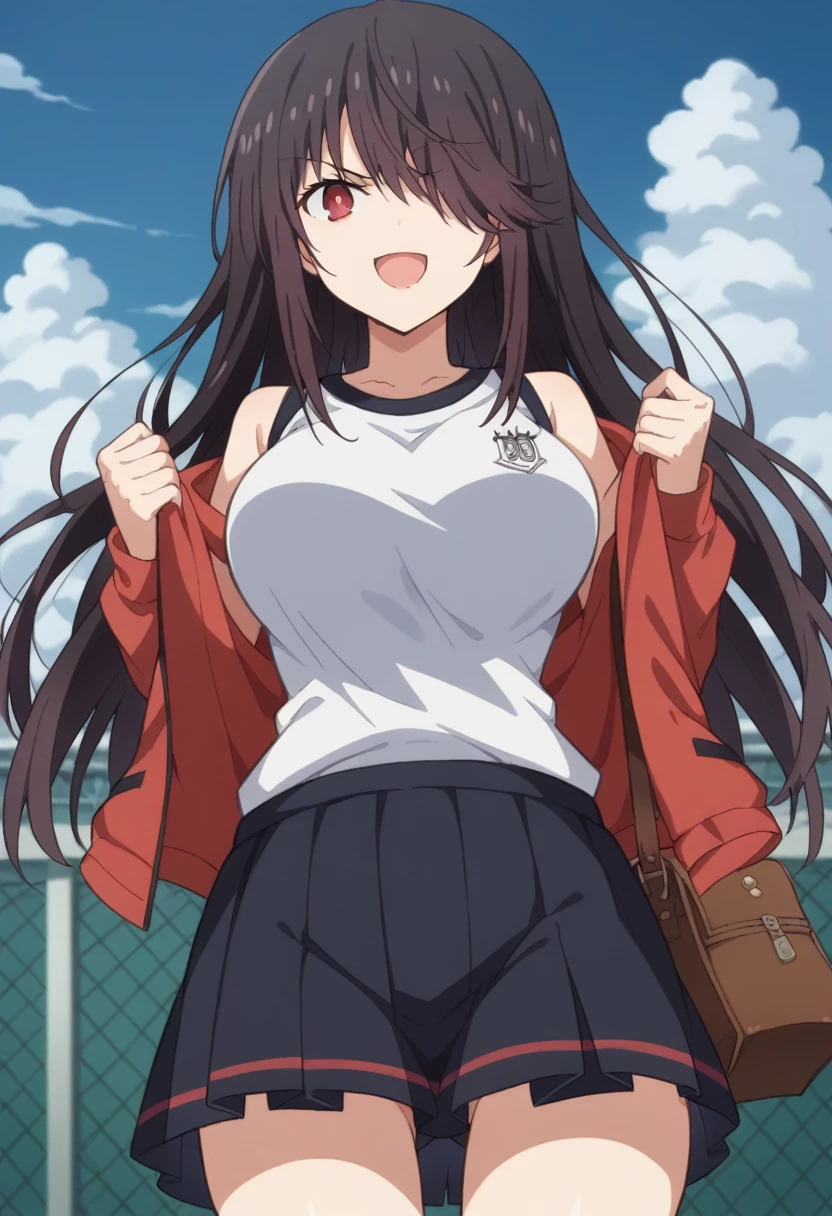 score_9, score_8_up, score_7_up, anime_font, 
kurumitokisaki, kurumi tokisaki, tokisaki kurumi, long hair, skirt, black hair, red eyes, long sleeves, ribbon, pleated skirt, bag, hair over one eye, smile,
dutch angle, looking at viewer, cowboy shot, alone, breasts, looking_at_viewer, open_mouth, big_breasts, shirt, jacket, sky, day, cloud, angry, gym_uniform, hands_on_hips, jacket_on_shoulders