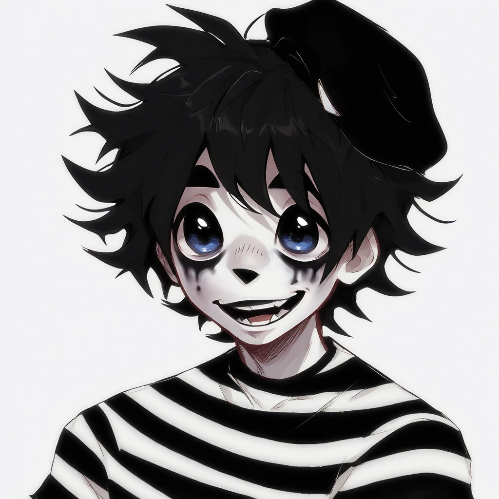 boy mime, shirt grunge, sketchy lines, messy hair, black hair, wearing a beret, score_8_up, score_9_up,happy, has mime makeup on, wearing a mime outfit, dark blue eyes,