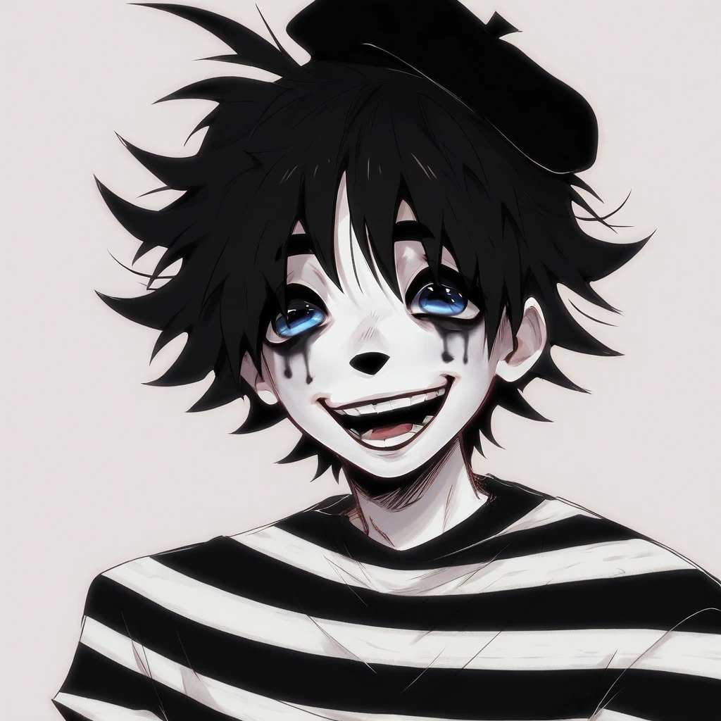 boy mime, shirt grunge, sketchy lines, messy hair, black hair, wearing a beret, score_8_up, score_9_up,happy, has mime makeup on, wearing a mime outfit, dark blue eyes, 