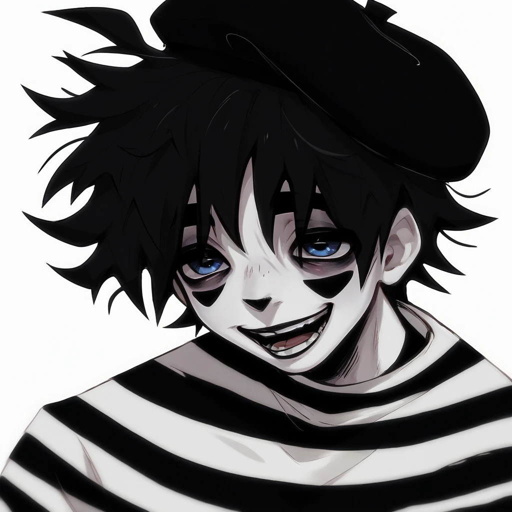 boy mime, shirt grunge, sketchy lines, messy hair, black hair, wearing a beret, score_8_up, score_9_up,happy, has mime makeup on, wearing a mime outfit, dark blue eyes, 