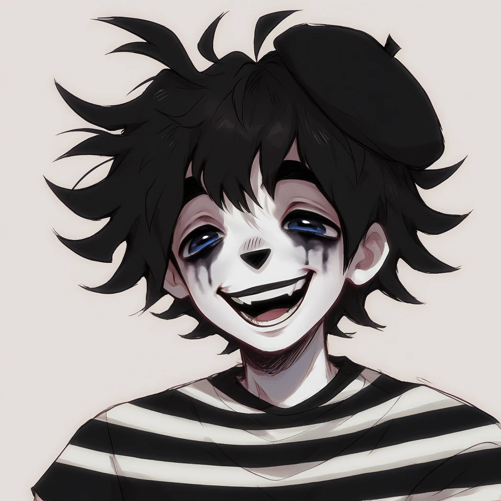 boy mime, shirt grunge, sketchy lines, messy hair, black hair, wearing a beret, score_8_up, score_9_up,happy, has mime makeup on, wearing a mime outfit, dark blue eyes,