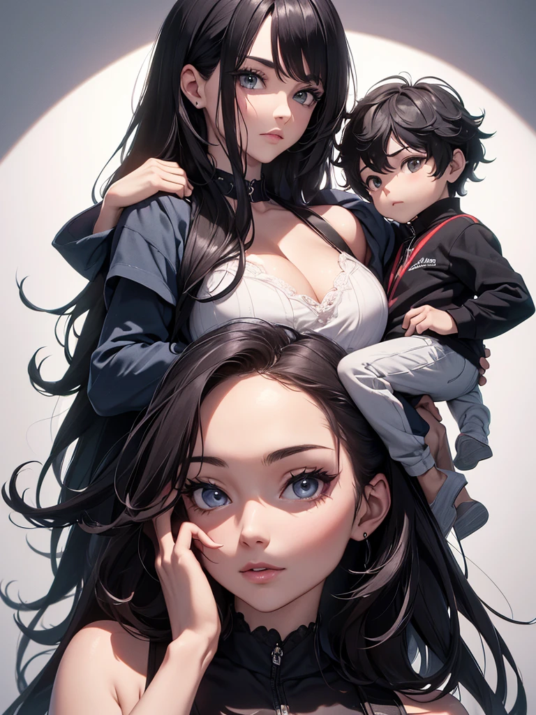 (8K, Best Quality, Masterpiece, Ultra High Resolution) Woman with 2 children sons, Woman has dark hair, oldest son has white hair, youngest baby son has black hair
