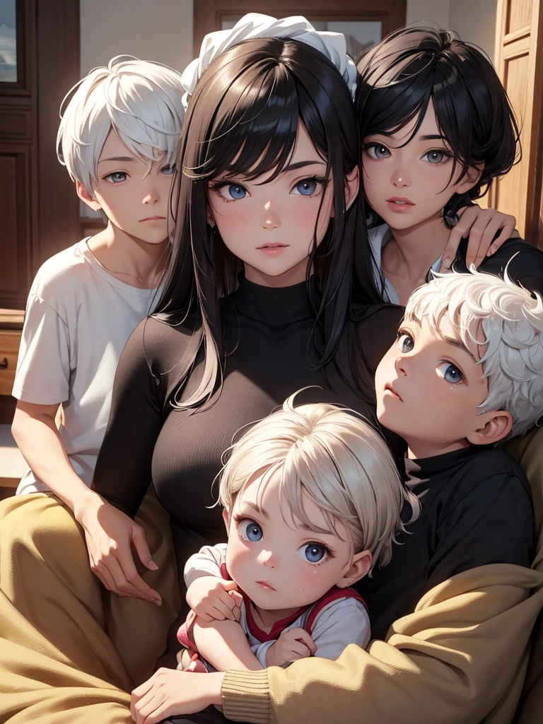 (8K, Best Quality, Masterpiece, Ultra High Resolution) Woman with 2 children sons, Woman has dark hair, oldest son has white hair, youngest son has black hair