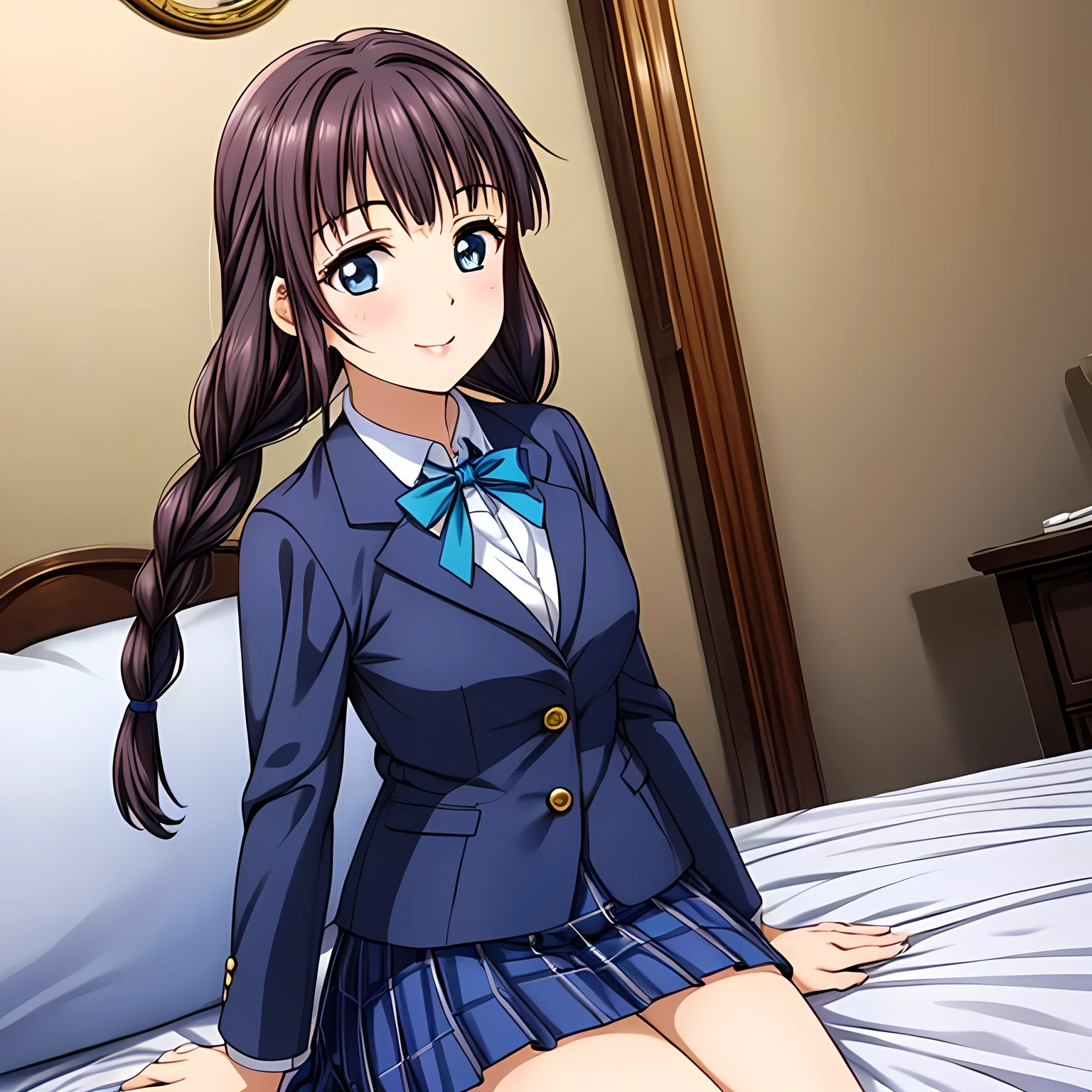 (highest quality, masterpiece:1.2), highest quality, High resolution, 1080p, 8K, Height: 158cm, High-definition anime-style CG, ((The game heroine is a very intelligent, very noble, pretty and elegant beautiful girl sitting on the bed.、Turning to the side and showing her best smile)), He tries to hide his shocked mouth with his hands., A face that everyone loves, Glossy lips, Even bangs, Double, Long eyelashes on both the top and bottom, Wide-open blue eyes, detailed in detail, The very large red shiny wide ribbon bowtie is very cute., ((Black Hair)), ((long twin braids)), (((A long, neat, dark navy blue checked pleated skirt))), (((Dark blue winter long sleeve blazer))), How to wear a neat uniform, Extremely lustrous, shiny game heroine lips, Mouth open, Ribbon in hair, Tight waist, slender, The ribbon is big and very pretty., Beautiful hair like a hair model, Transparent black, Hair is realistic, The skirt is realistic