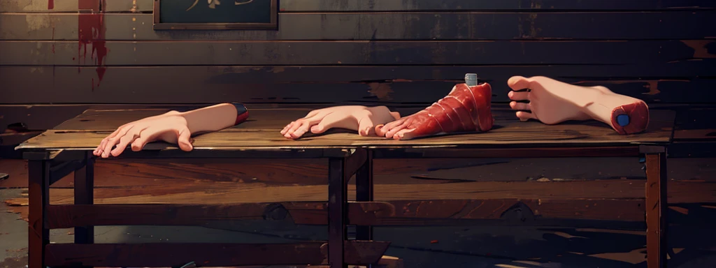 canibal market, cutted human feet and hands, mutilated hands and feet on the wooden table, blood, human flesh, early morning time