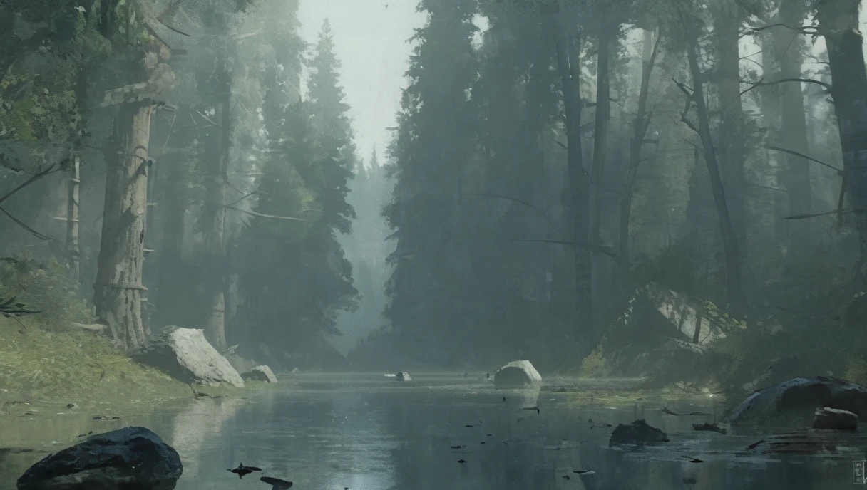 Cinematic painting of a floating rock in the middle ((forest:2)),