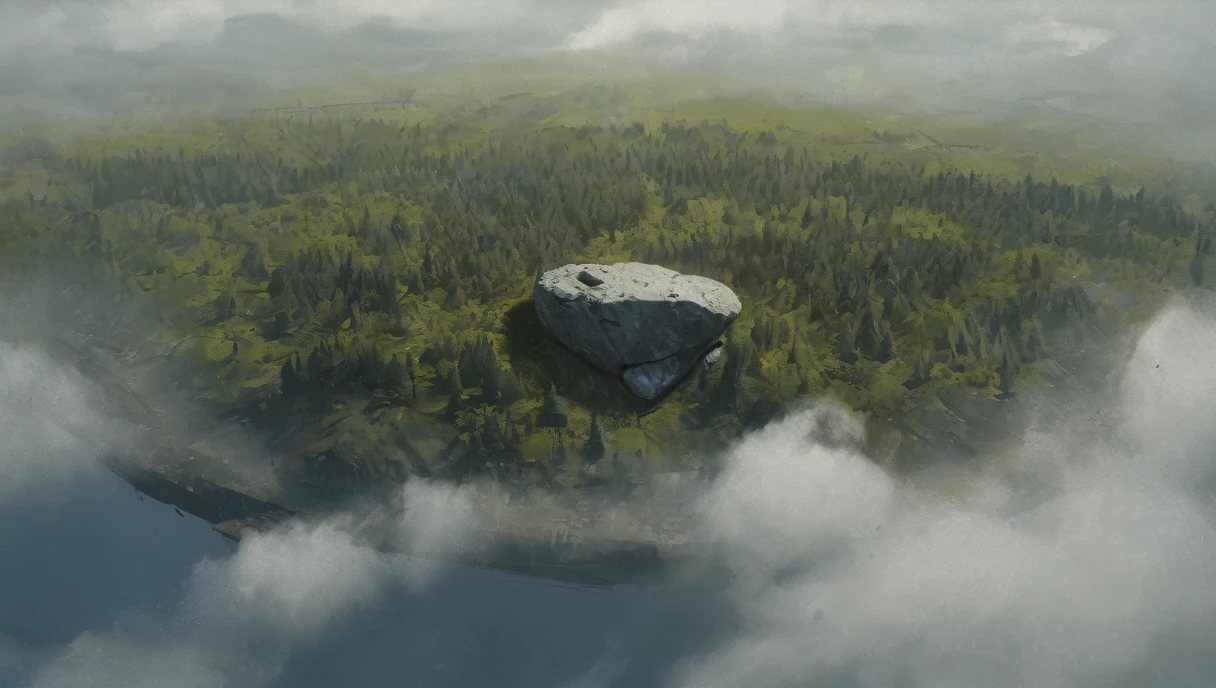 Cinematic painting of a floating rock in the middle ((forest:2)),