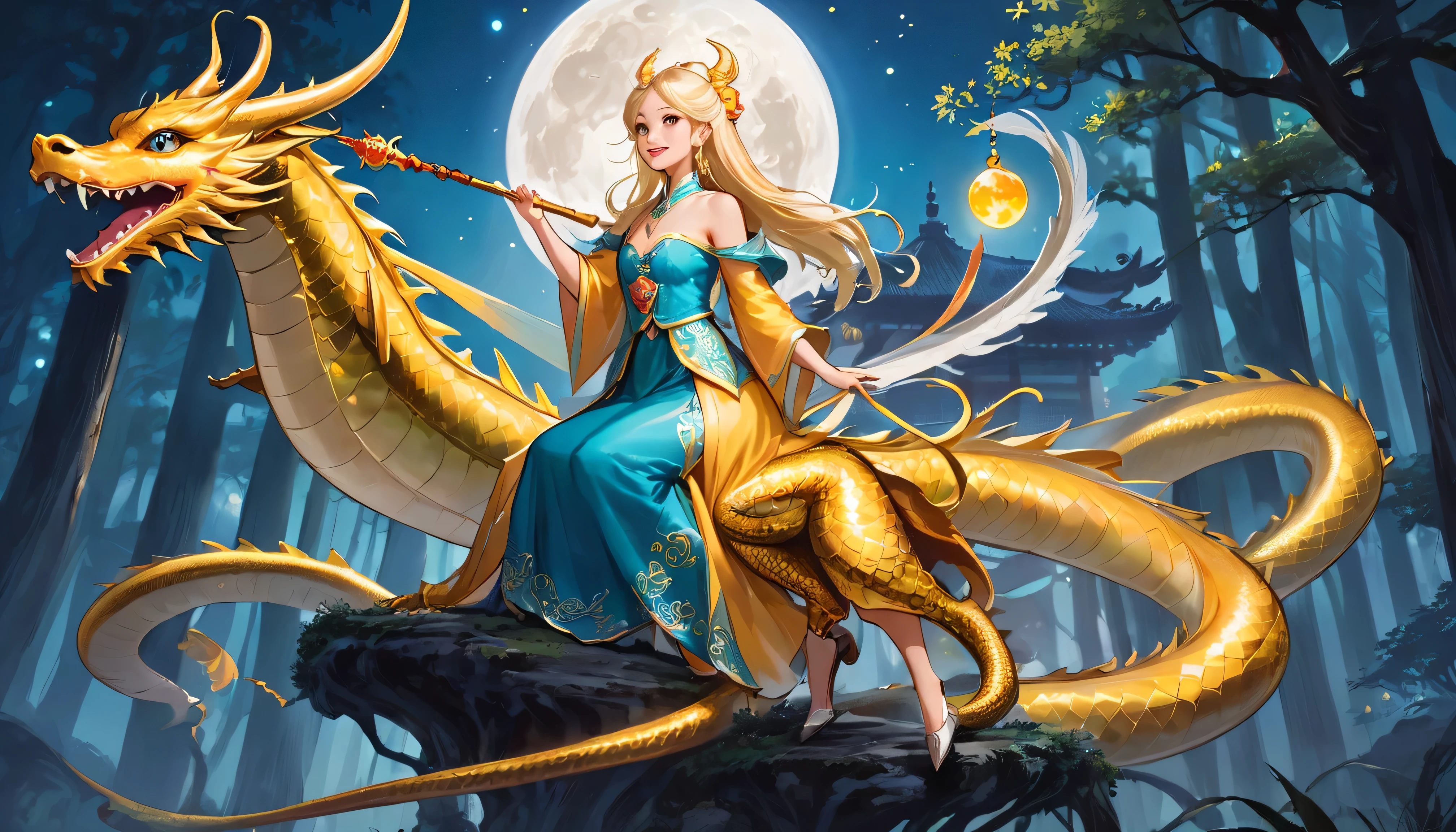 Princess (Blonde Hair, wearing long dresses, Have a magic wand), background (forest, moon), Chinese Dragon (One, Five-clawed golden dragon, Two Wings), Princess riding a dragon