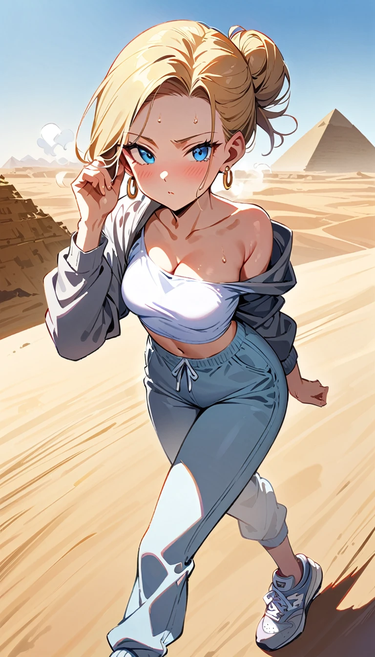 (masterpiece, best quality:1.2), full body, solo, Android 18 from Dragon Ball, ((white slip-on crop top)), ((long sweatpants)), ((white sweatpants)), (gray hooded jacket), thighs, midriff, small breasts, sweat, blonde hair, (single hair bun), ((blue eyes)), earrings on earlobes, slender feminine figure, narrow waistline, skinny body, long legs, Egypt, walking across desert, large pyramid, daytime, clear sunny sky, sweating, cleavage, off shoulder, magnificent view, blur background, 4K, Touching ear, light blush, breath, gray new balance sneakers