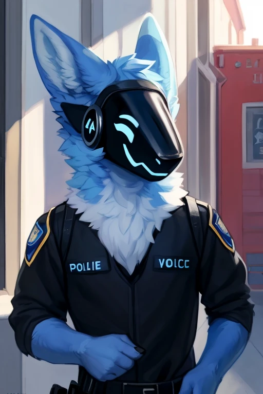 ,(((Light blue fur for body protogen with a black chest plate in a outside in a police outfit, police fbi suit, fbi clothing, all black suit))) ,  looking at viewer , big chest , day, , sensual, detailed, uploaded to e621, beautiful and detailed portrait of an anthropomorphic , (((male))) uploaded to e621, zaush, foxovh, movie lighting, thicc, alone, detailed, 8k res, hires, detailed eyes, good anatomy, good perspective, towards viewer, by bebebebebe, by sicklyhypnos, by gerkk, by orf, nice hands, perfect hands, happy, romantic, ray tracing lighting, rtx on, By Bebebebebe, by SpiritD, by KOBITOWANI, best quality, masterpiece, perfect anatomy, detailed picture)), 1femboy,