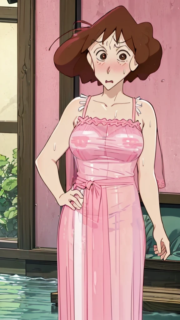 Misae Nohara,(Mature Woman:1.8),(absurderes, 8K, 4K, masutepiece, hyper extreme detailed:1.2), Best Quality, Perfect Anatomy,Perfect face,Facing forward,High humidity,(Sweaty:1.3),(Pink sheer nightgown:1.5),(Wet:1.4), on bed,blush,Embarrassing,shame,(Brown eyes:1.2),anxiety,(Clothes are open:1.2),Exposed shoulders, touching nipples