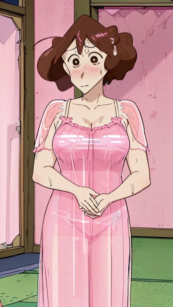 Misae Nohara,(Mature Woman:1.8),(absurderes, 8K, 4K, masutepiece, hyper extreme detailed:1.2), Best Quality, Perfect Anatomy,Perfect face,Facing forward,High humidity,(Sweaty:1.3),(Pink sheer nightgown:1.5),(Wet:1.4),Sitting on the floor,(In an abandoned house:1.5),(Tattered walls:1.3),(Dirty floor:1.3),(solo:1.5),blush,Embarrassing,shame,(Brown eyes:1.2),anxiety,(Clothes are open:1.2),Exposed shoulders,(I'm holding my chest closer.:1.3),