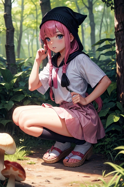 realista, 1 chica, lindo, , adolescente, esbelto, round face shape with angular jaw, rubia con flequillo, ojos grises, top corto sin hombros, pecho lateral, picking wet pink mushrooms in a heavenly forest, luz solar, calcetines a rayas, microfalda rosa, toque cachondo, ventoso, 