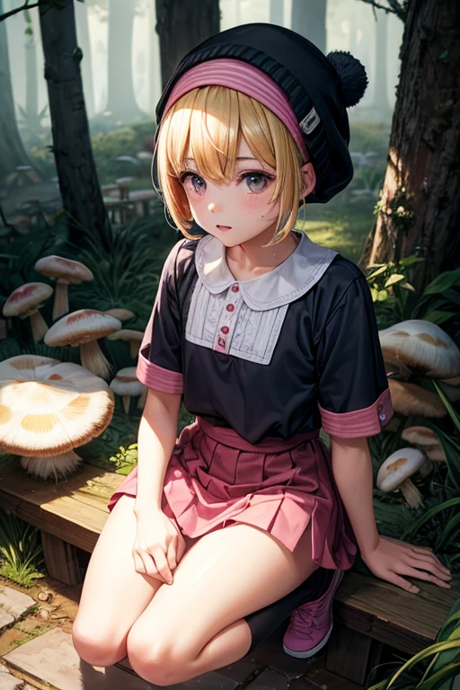 realista, 1 chica, lindo, , adolescente, esbelto, round face shape with angular jaw, rubia con flequillo, ojos grises, top corto sin hombros, pecho lateral, picking wet pink mushrooms in a heavenly forest, luz solar, calcetines a rayas, microfalda rosa, toque cachondo, ventoso,
