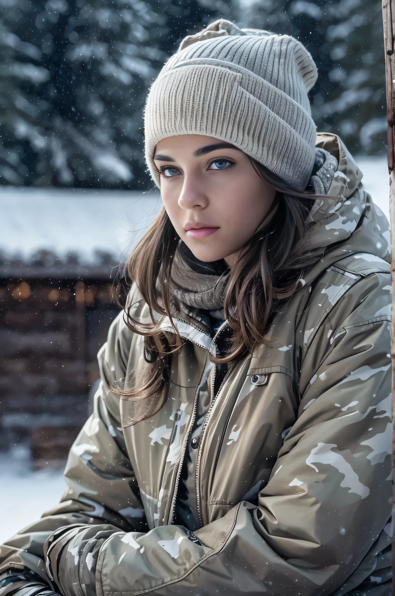 by Bojan Jevtic, Michael Borremans, Vector Art, RAW photo,close up of a strong 13yo eskimomilitary girl. military snow outfit,  in a snow scenery in front of a log cabin. white snow camouflage clothes of better quality and better effects better shadows better lighting 8k American woman, short brown hair, blue eyes, beautiful face, perfect body, 
alluring, Thoughtful Pose, Land Art, Ilford HP5+ 400, F/5, perfect skin, Smooth Skin,Full Body,Bold, Brilliant Dim Background Light, harsh side lighting, deep dark shadows, HDR, sharp and in focus,8k, Visual novel, Brilliant Masterpiece, sad smile, hair up, colour,  low key lighting