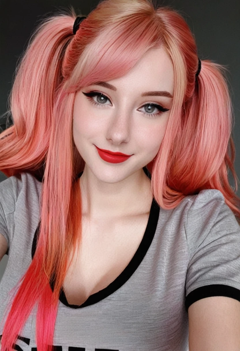  LiluCinnamon, long hair, smile, bangs, blonde hair, simple background, twintails, closed mouth, upper body, pink hair, short sleeves, grey background, black shirt, clothing cutout, makeup, lipstick, red lips