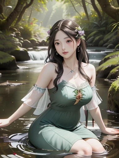 (best quality, 4k, 8k, highres, masterpiece:1.2), ultra-d etailed,(realistic, photorealistic,photo-realistic:1 .37), portrait of fairies,enjoying water play in a beautiful r iver in the forest,fairy with detailed face and hands, enchanted woodland scene, sparkling water, sunlig ht streaming through the trees, vibrant colors, ether eal atmosphere, delicate wings, flowing dresses, mi schievous expressions, shimmering reflections on t he water surface