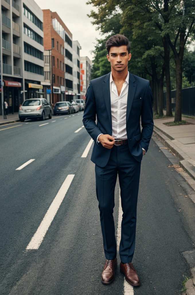 A man standing on the out side of the road holding blazer on the hand look at the right side of the man 