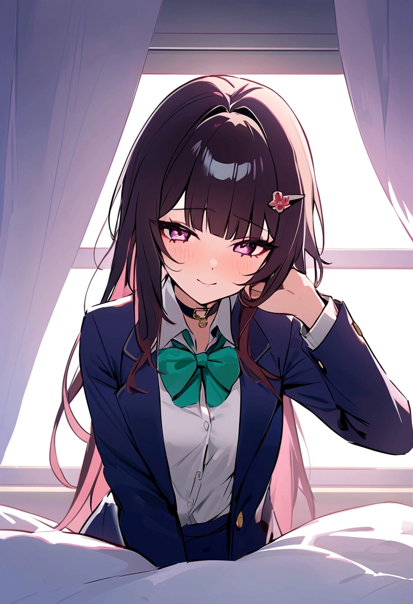 masterpiece, highest quality,blazer,One Girl,honkai_(series), Simple_background, shirt, head_ribbon, Open_Jacket, green_ribbon, Side Lock, With collar_shirt,hair_ornament, hair_intake, honkai:_star_rail, ribbon, Jacket, black_Jacket,Open_Clothes, School_uniform, alone, hairclip,Bed,kissing,