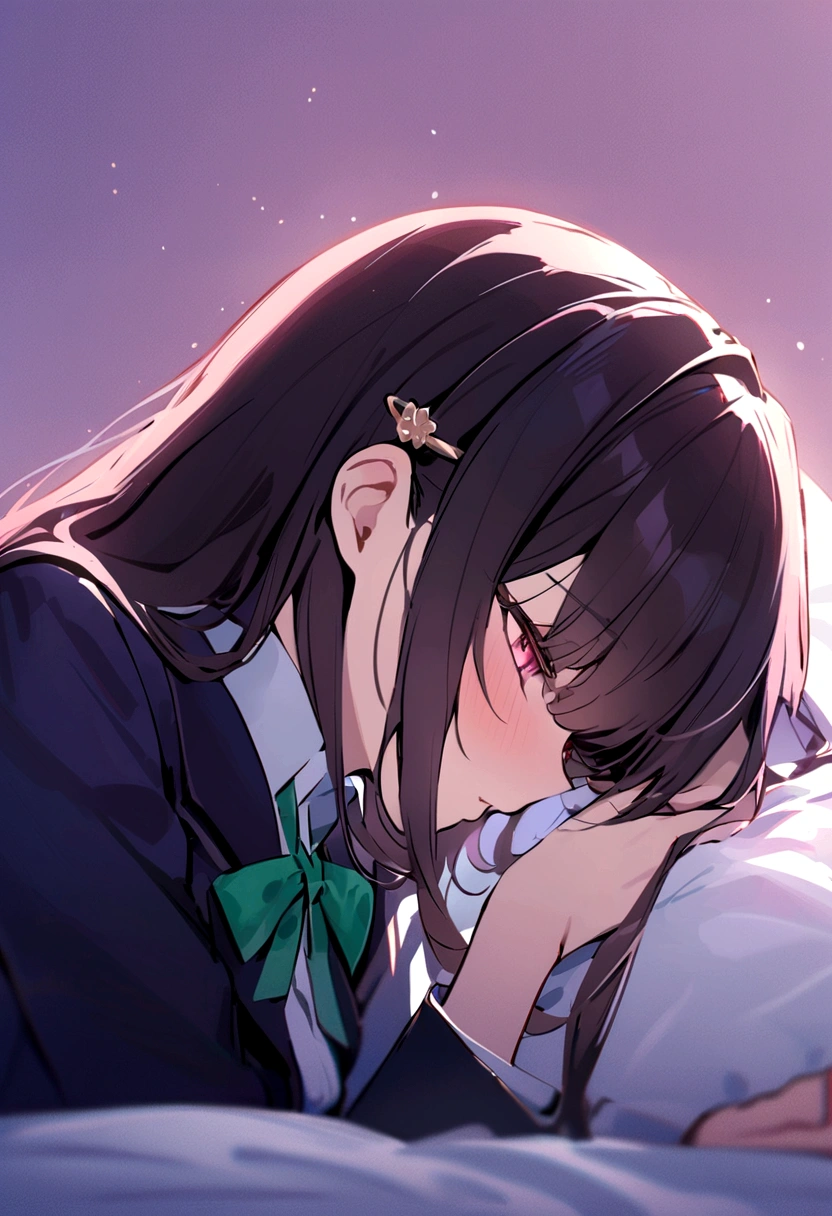 masterpiece, highest quality,blazer,One Girl,honkai_(series), Simple_background, shirt, head_ribbon, Open_Jacket, green_ribbon, Side Lock, With collar_shirt,hair_ornament, hair_intake, honkai:_star_rail, ribbon, Jacket, black_Jacket,Open_Clothes, School_uniform, alone, hairclip,Bed,kissing,