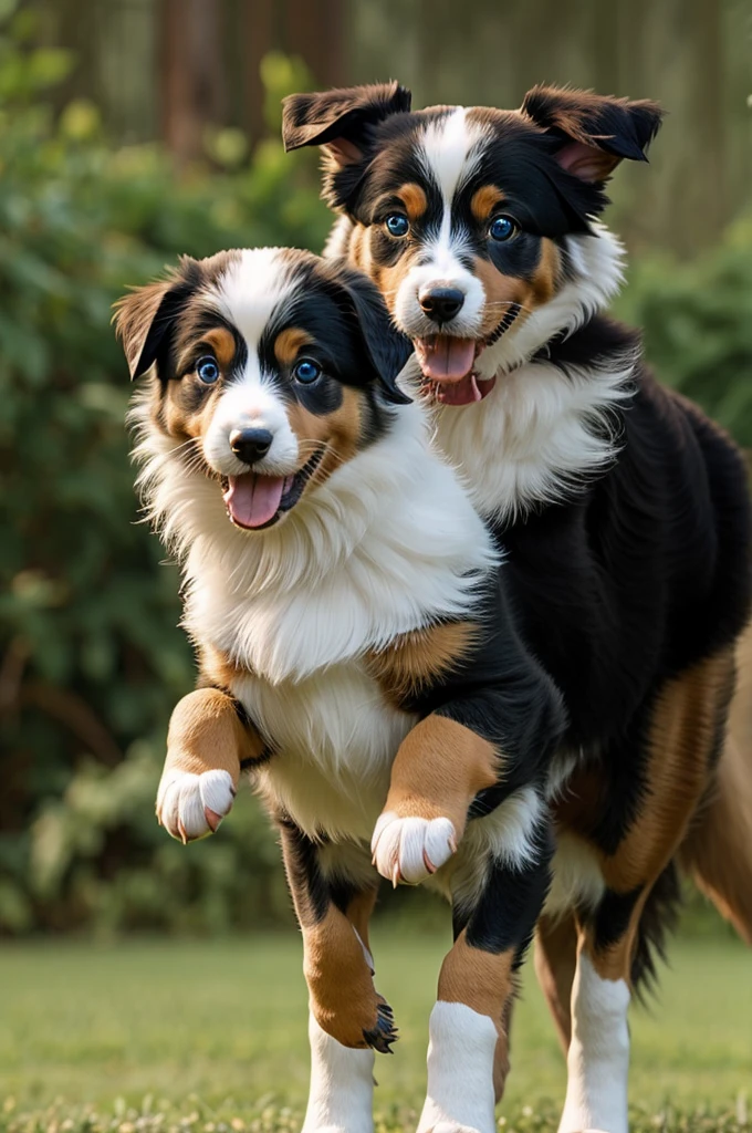 A stork carrying an Australian shepherd puppy 