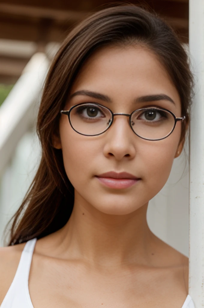 Face of beautiful young woman of 20 years, tez blanca, ojos marrones, cejas perfiladad, Glasses, hiperrealista, piel super detallada, Very high quality
