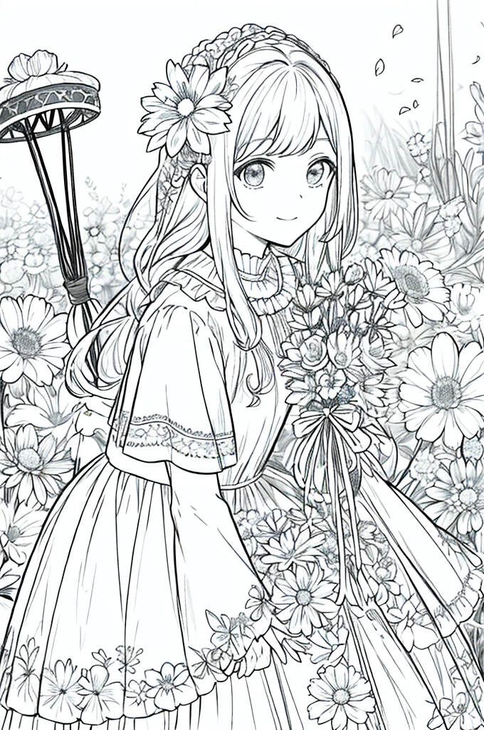 obra maestra, mejor calidad, 1 barbie, solo, cabello largo, mirando al espectador, sonrisa, flequillo, falda, camisa, mangas largas, sombrero, vestido, arco, participation, boca cerrada, flor, volantes, flor del cabello, flower petals, ramo de flores, Clamping flower, volantes centrales, hood, flower clamping bouquet, campo, flor, campo, lineart, monocromo,