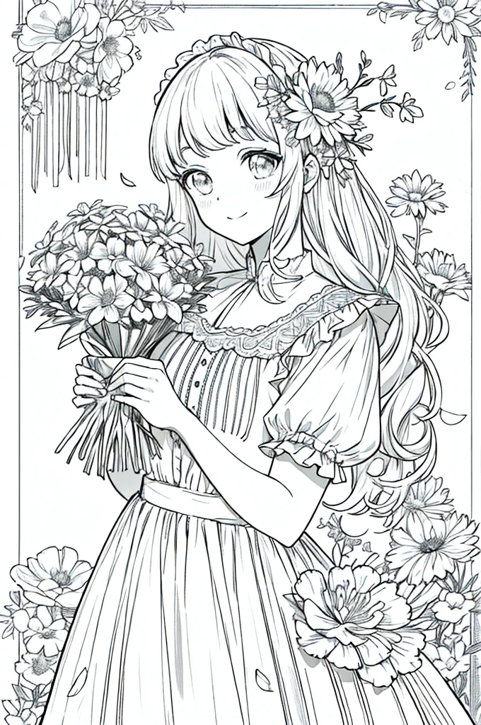 obra maestra, mejor calidad, 1 barbie, solo, cabello largo, mirando al espectador, sonrisa, flequillo, falda, camisa, mangas largas, sombrero, vestido, arco, participation, boca cerrada, flor, volantes, flor del cabello, flower petals, ramo de flores, Clamping flower, volantes centrales, hood, flower clamping bouquet, campo, flor, campo, lineart, monocromo,