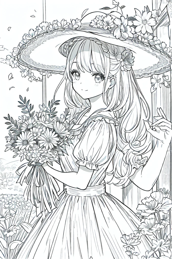 obra maestra, mejor calidad, 1 barbie, solo, cabello largo, mirando al espectador, sonrisa, flequillo, falda, camisa, mangas largas, sombrero, vestido, arco, participation, boca cerrada, flor, volantes, flor del cabello, flower petals, ramo de flores, Clamping flower, volantes centrales, hood, flower clamping bouquet, campo, flor, campo, lineart, monocromo,