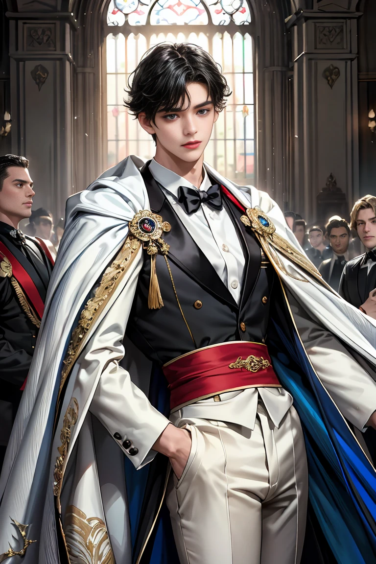 masterpiece, 最high quality, high quality, 1 boy, alone, Male focus, Watching the audience, Messy black hair, Adorable big blue eyes, White, Noble, Noble,Sexy voluminous cape、Tuxedo、A very voluminous, large, very large, very large, long, long red and black cape with a high stand-up collar, reaching down to the floor, made of a lot of fabric., 17 years old,Cute beautiful boys,Cute, cute, kind, handsome guy