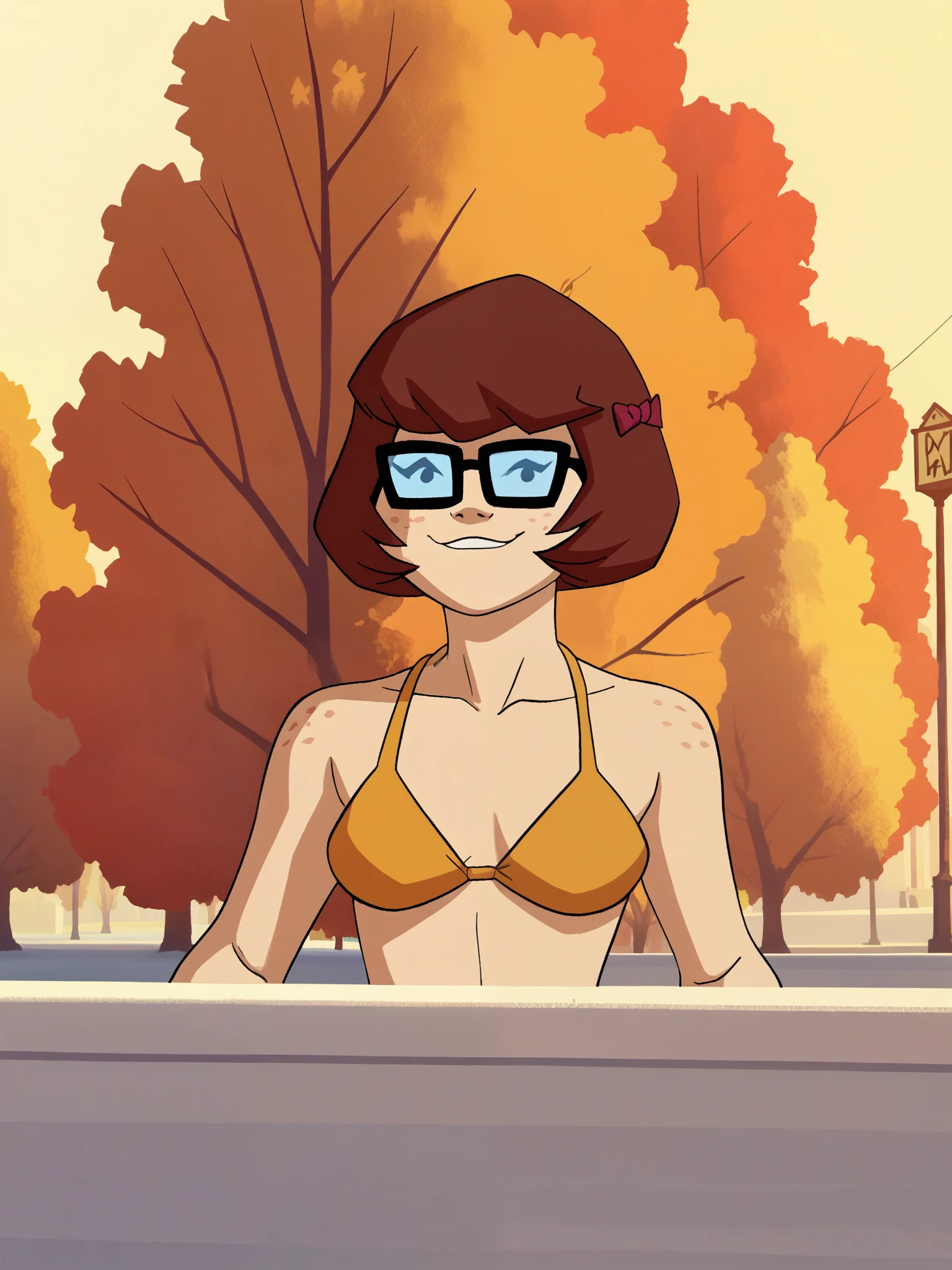 velmad, 1girl, short hair, black eyes, black-framed eyewear, brown hair, solo, hair bow, tree, freckles,upper body, score_9, score_8_up, score_7_up, score_6_up, score_5_up, score_4_up, smile, , looking at viewer, full body, bikini, tight bikini, {{{{{{big hips}}}}}}, {{{{{{huge hips}}}}}}, {{{{{{hips}}}}}}