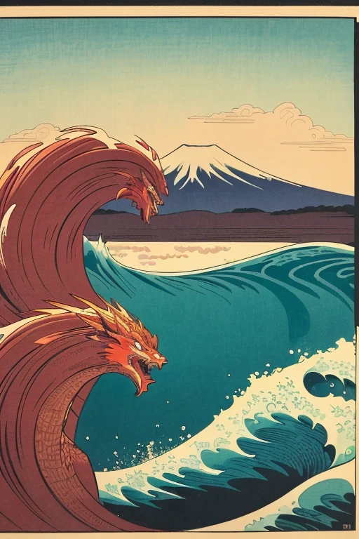 detailed Japanese woodblock print style ukiyoe wave, red Chinese dragon in wave top, surfers riding giant wave, surf board fly in sky, Mt.Fuji in background, vibrant colors, dynamic composition, traditional Japanese aesthetic, (best quality,4k,8k,highres,masterpiece:1.2),ultra-detailed,(realistic,photorealistic,photo-realistic:1.37),dynamic action pose,dramatic lighting,intricate details,vibrant colors,traditional Japanese ukiyo-e art style