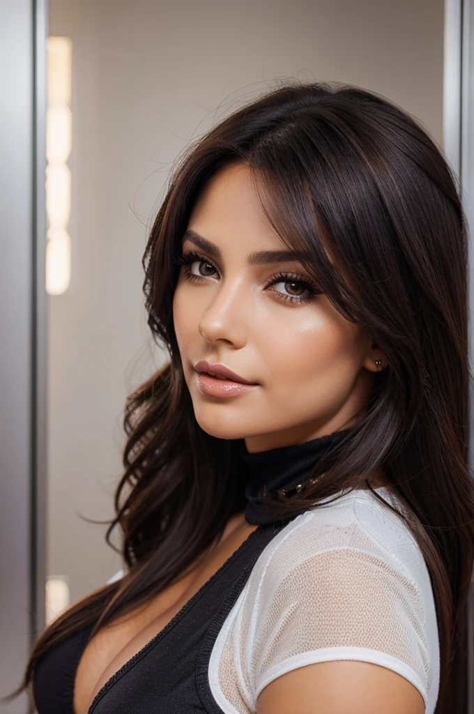 mujer muy hermosa y sensual, cabello ????? mediano. ojos color pardos hermosos y brillantes. labios pintadas ligeramente de morado. Pechos "muy grandes", with tight clothing. Plano medio
