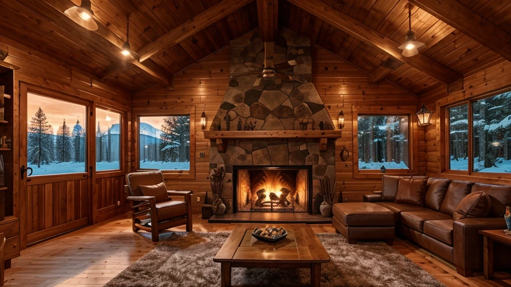 Wooden cabin living room anime background, this night outside](cozy atmosphere), (subtle lighting), bright stone fireplace fire, this best quality evening, transparent glass windows