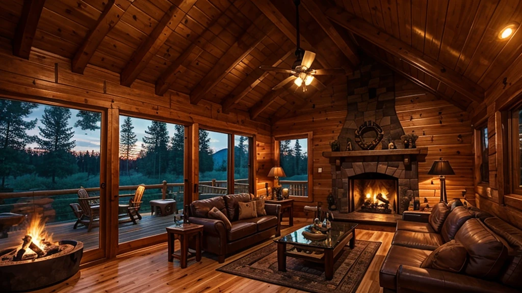 Wooden cabin living room anime background, this night outside](cozy atmosphere), (subtle lighting), bright stone fireplace fire, this best quality evening, transparent glass windows