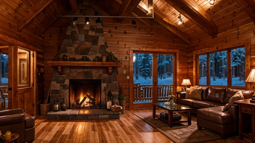 Wooden cabin living room anime background, this night outside](cozy atmosphere), (subtle lighting), bright stone fireplace fire, this best quality evening, transparent glass windows