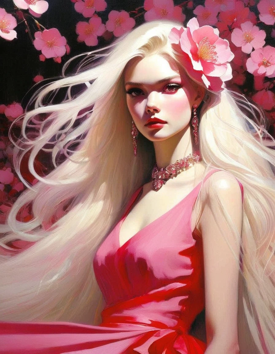 1girl, solo, alone, pink eyes, long hair, blonde hair, pink dress, flower, camellia, jewelry, nail polish, ring, hair ornament, flower ornaments, pink nails, White hell, masterpiece, best quality, white hell, red horns, sakura pedals in hair,(art inspired by Bill Sienkiewicz). oil painting, details of brush strokes that enhance depth)
