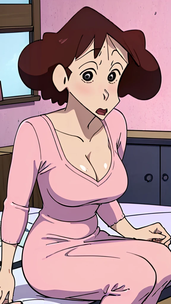 Misae Nohara,(Mature Woman:1.8),(absurderes, 8K, 4K, masutepiece, hyper extreme detailed:1.2), Best Quality, Perfect Anatomy,Perfect face,Facing forward, on bed, wearing pink nightdress, cleavage, erotic, seduced 