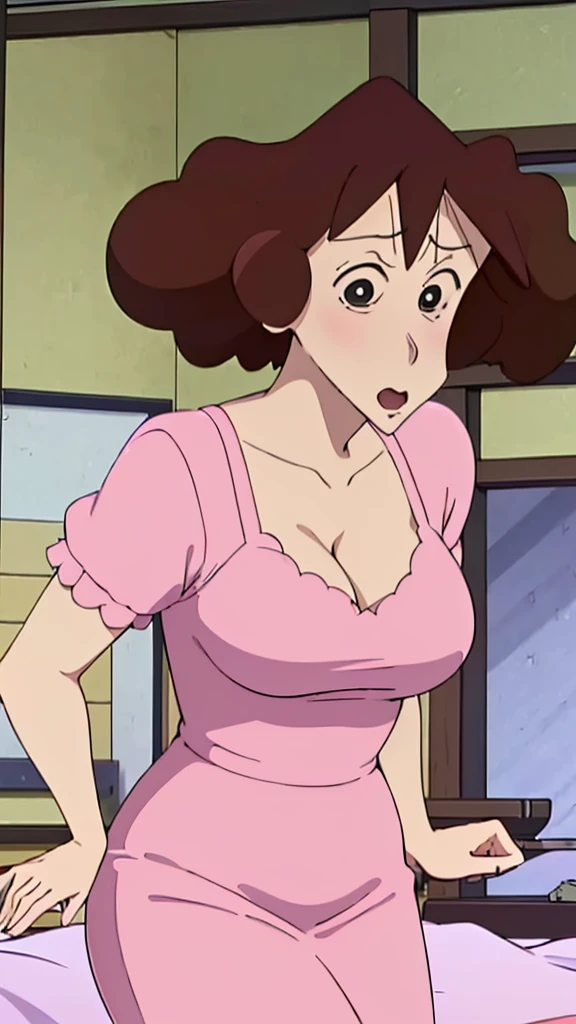 Misae Nohara,(Mature Woman:1.8),(absurderes, 8K, 4K, masutepiece, hyper extreme detailed:1.2), Best Quality, Perfect Anatomy,Perfect face,Facing forward, on bed, wearing pink nightdress, cleavage, erotic, seduced 