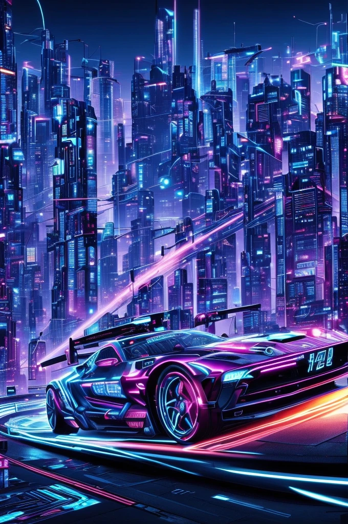 A cyberpunk car speeding around a curve、Speeding、Dynamic Movement、Sparks from the wheel、Cyberpunk City