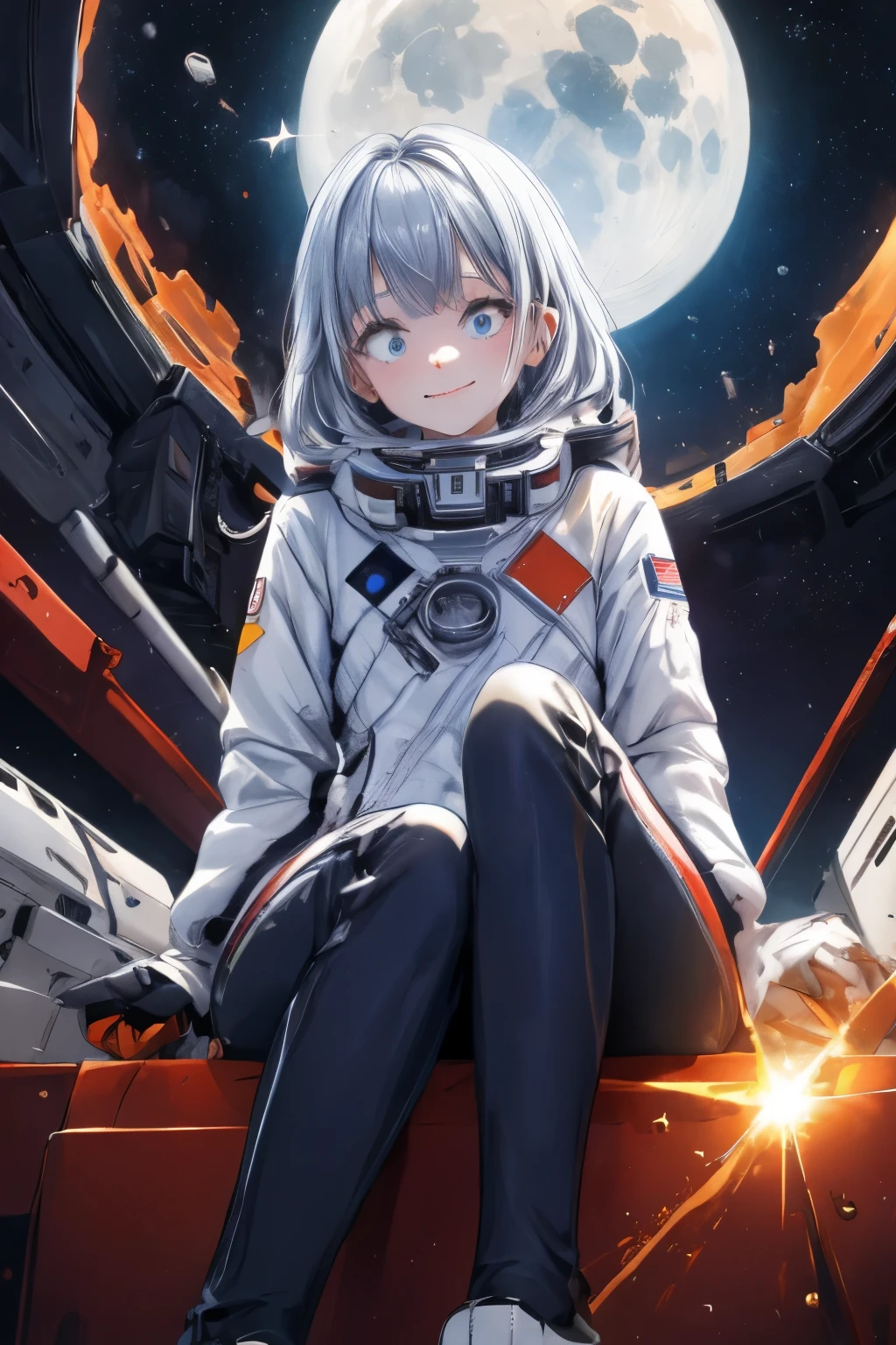 Astronaut, sitting on a moon-like surface, with a spaceship in the background, wearing a silver-white spacesuit, holding a tablet with stargazing data, smiling at the vast, starry sky, with a subtle glow of Stellara-infused light around her, gentle crater dust on the surface beneath her feet, low angle of the setting sun casting a warm glow, deep blue and purple hues of the sky, few scattered stars in the sky, NASA-style logos on the spaceship's hull, soft Earth glow on the horizon